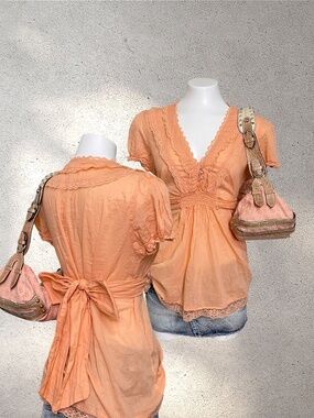 Y2K Passport Orange Peach Lace Trim Babydoll Blouse | Fairycore Coquette Tie-Bac